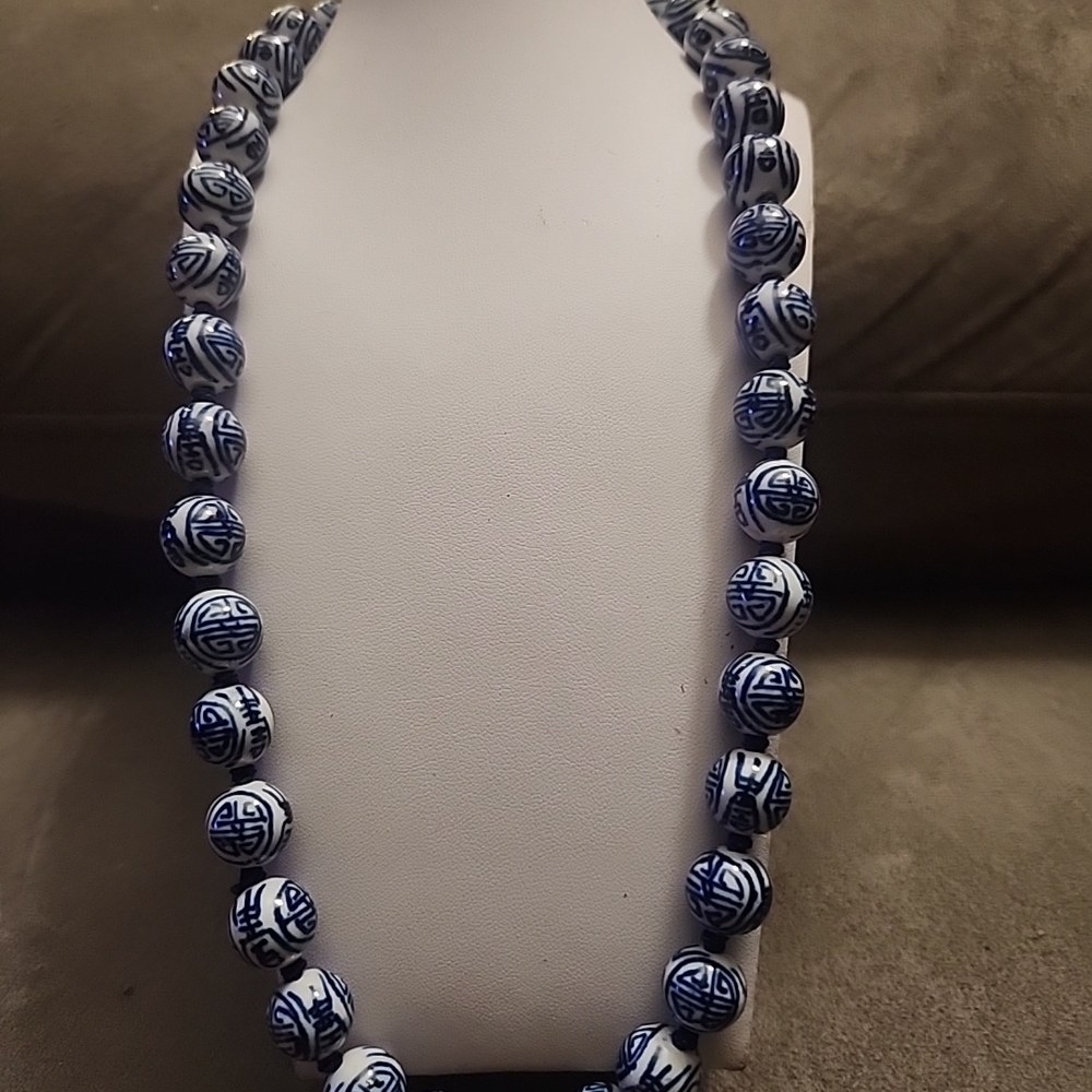 Vintage Chinese Blue and White Porcelain Bead Necklace